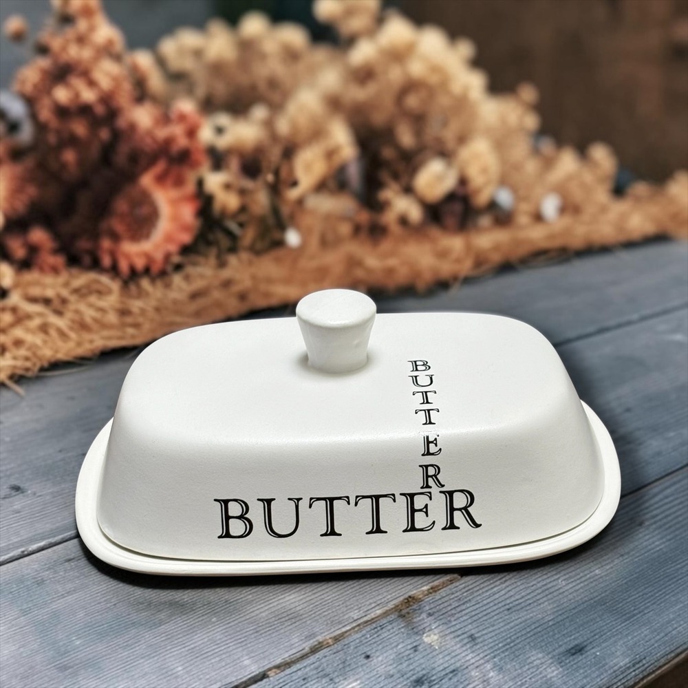 The Old Pottery Company White Ceramic Butter Dish with Lid Typography Farmhouse